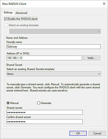 Screenshot of NPS, Add RADIUS Client